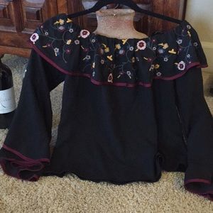 Black Peasant Top embroidery on front Bell sleeves